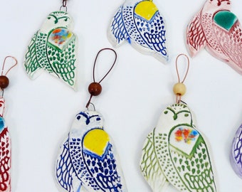 Ceramic Owl Ornament, handmade porcelain owl ornament, stocking stuffer gift owl lover, gift for nature lover, small owl mosaic piece