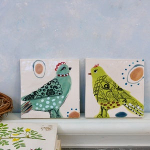 Ceramic bird tiles, handmade clay tile art, birds and eggs painted tile, wall art, small bird art, colorful Gift for mother, baby shower image 6