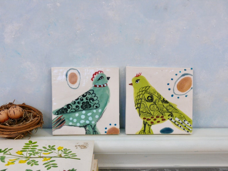 Ceramic bird tiles, handmade clay tile art, birds and eggs painted tile, wall art, small bird art, colorful Gift for mother, baby shower image 6