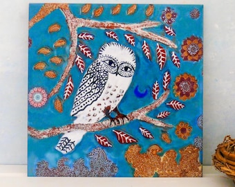 Ceramic Tile Art, colorful and unique ceramic wall tile, woodland owl, white owl, magical owl decor, garden art, Cathy Kiffney