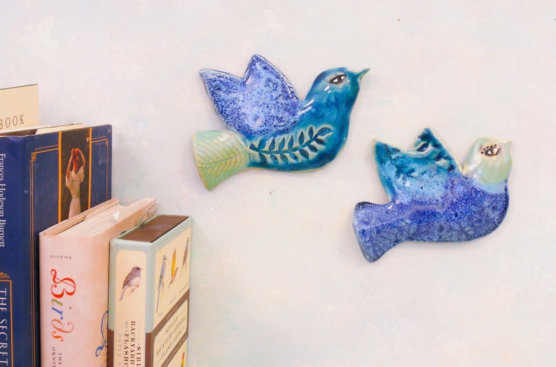 Two ceramic wall hanging birds, handmade wall birds. Love birds, gift for girlfriend, wife, wedding Bluebird of Happiness, blue bird tiles, image 2