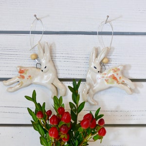 Rabbit Ornament with hanging wire. Ceramics Rabbit Ornament, hanging bunny Tree Decoration, whimsical handmade rabbit decoration, Hare art image 3