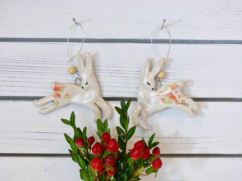 Rabbit Ornament with hanging wire. Ceramics Rabbit Ornament, hanging bunny Tree Decoration, whimsical handmade rabbit decoration, Hare art image 3