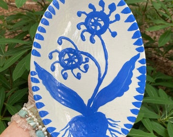 Folk art style Blue and White Plate,  hand-painted ceramic wall hanging or tabletop platter with a unique fantasy botanical art illustration