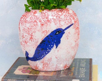 Handmade ceramic art vase, magical narwhal unique modern studio crafted pottery vase for flowers and colorful home decor by Cathy Kiffney