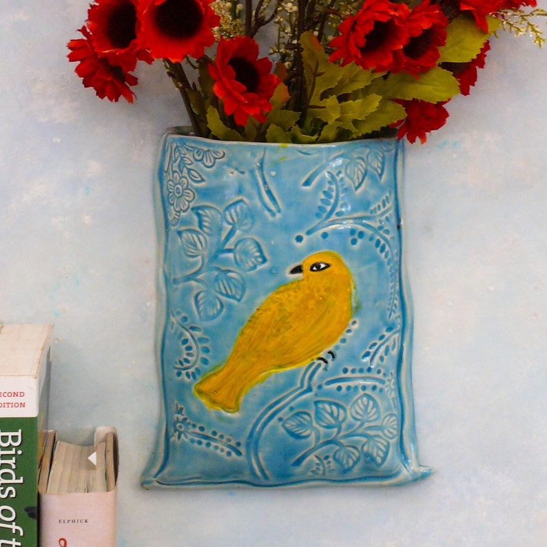 Ceramic Wall Hanging Pocket Vase, Unique wall decor, bird vase, handmade porcelain ceramic vases, pottery vase for flowers by Cathy Kiffney image 5