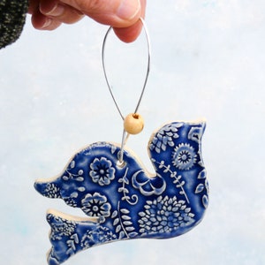 Ceramic Bird Ornament, handmade garden art, bird decoration, wall hanging bird with copper wire hook and blue bead image 8