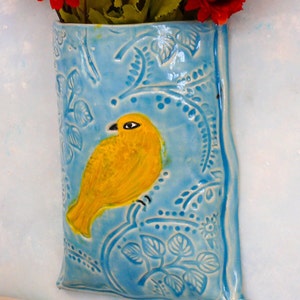 Ceramic Wall Hanging Pocket Vase, Unique wall decor, bird vase, handmade porcelain ceramic vases, pottery vase for flowers by Cathy Kiffney image 9