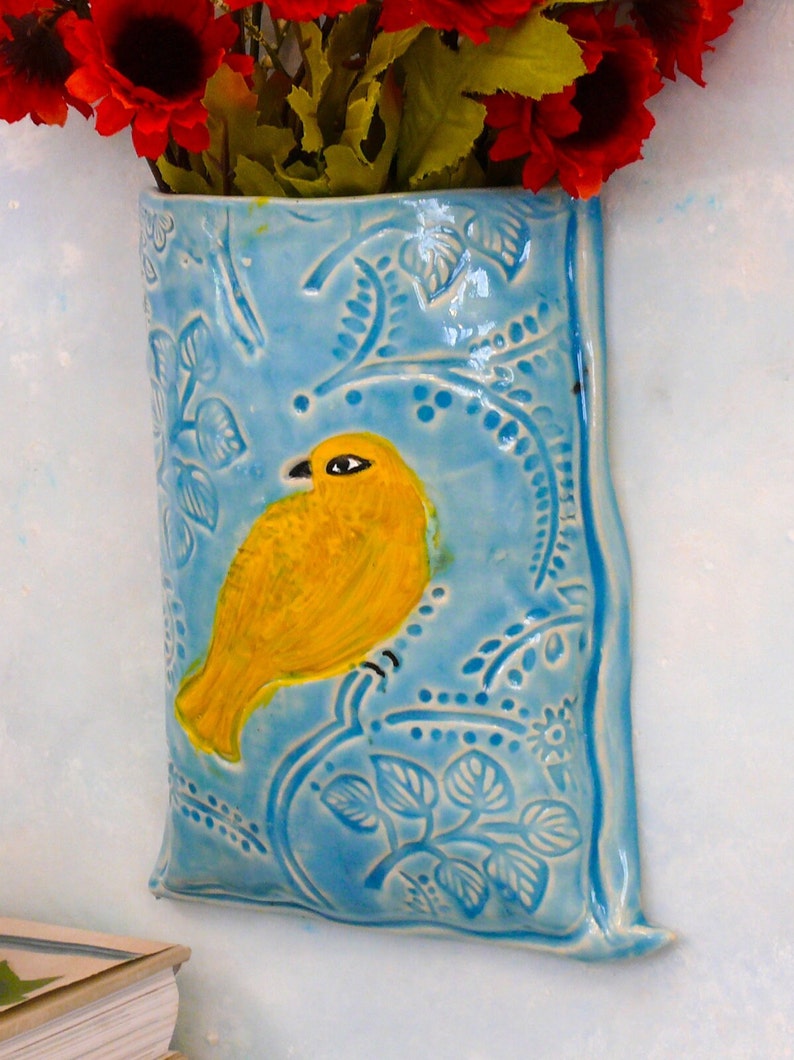 Ceramic Wall Hanging Pocket Vase, Unique wall decor, bird vase, handmade porcelain ceramic vases, pottery vase for flowers by Cathy Kiffney image 9