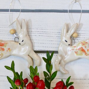 Rabbit Ornament with hanging wire. Ceramics Rabbit Ornament, hanging bunny Tree Decoration, whimsical handmade rabbit decoration, Hare art image 5