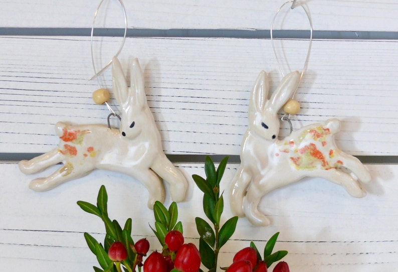 Rabbit Ornament with hanging wire. Ceramics Rabbit Ornament, hanging bunny Tree Decoration, whimsical handmade rabbit decoration, Hare art image 5