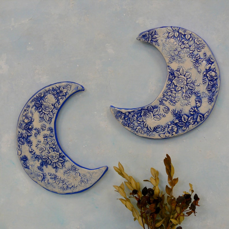 Crescent Moon Ceramic Wall Art, ceramic moon ornament. Rose textured clay decorative ceramic moon, Boho Wall Hangings, Ceramic Tile art. image 5