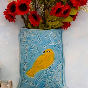 Ceramic Wall Hanging Pocket Vase, Unique wall decor, bird vase, handmade porcelain ceramic vases, pottery vase for flowers by Cathy Kiffney image 8