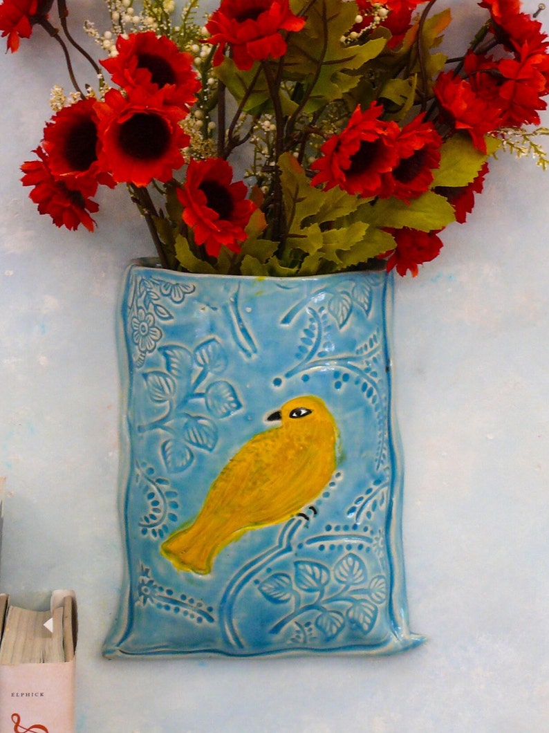 Ceramic Wall Hanging Pocket Vase, Unique wall decor, bird vase, handmade porcelain ceramic vases, pottery vase for flowers by Cathy Kiffney image 8