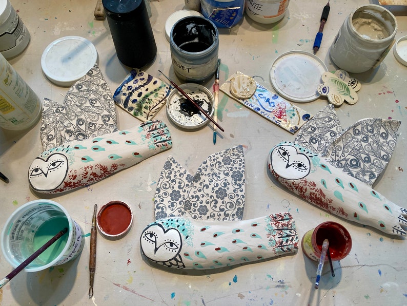 Ceramic owl, handmade wall art