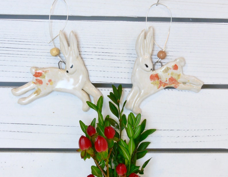 Rabbit Ornament with hanging wire. Ceramics Rabbit Ornament, hanging bunny Tree Decoration, whimsical handmade rabbit decoration, Hare art image 2