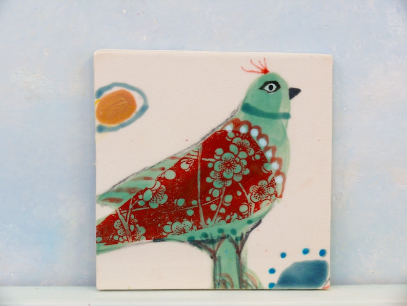 Ceramic bird tiles, handmade clay tile art, birds and eggs painted tile, wall art, small bird art, colorful Gift for mother, baby shower Design 3.
