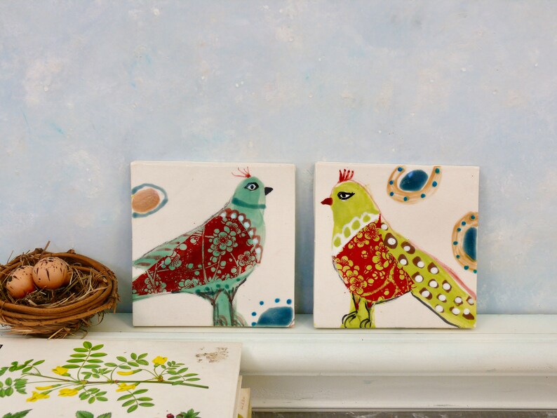 Ceramic bird tiles, handmade clay tile art, birds and eggs painted tile, wall art, small bird art, colorful Gift for mother, baby shower image 7