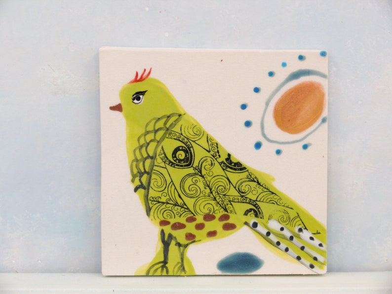 Ceramic bird tiles, handmade clay tile art, birds and eggs painted tile, wall art, small bird art, colorful Gift for mother, baby shower image 3