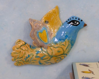 Handmade Ceramic Bird Wall Art, Whimsical Nature Decor, One-of-a-Kind Pottery Gift