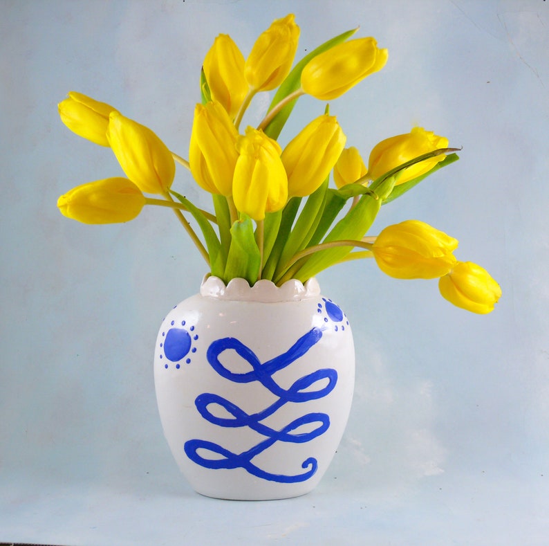 Ceramic Flower Vase, handmade blue and white pottery vase, snake spirit animal art, pot for flowers, centerpiece, minimal decor image 6