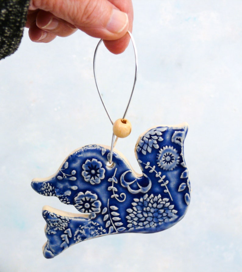 Ceramic Bird Ornament, handmade garden art, bird decoration, wall hanging bird with copper wire hook and blue bead image 2