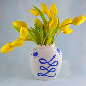 Handmade Ceramic Flower Vase: Blue Cobalt Snake Art, Minimal Decor