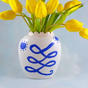 Ceramic Flower Vase, handmade blue and white pottery vase, snake spirit animal art, pot for flowers, centerpiece, minimal decor image 2