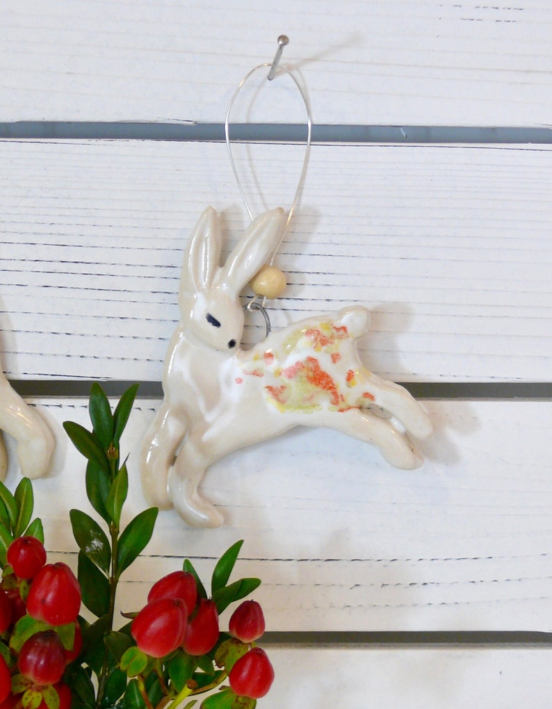 Rabbit Ornament with hanging wire. Ceramics Rabbit Ornament, hanging bunny Tree Decoration, whimsical handmade rabbit decoration, Hare art image 7