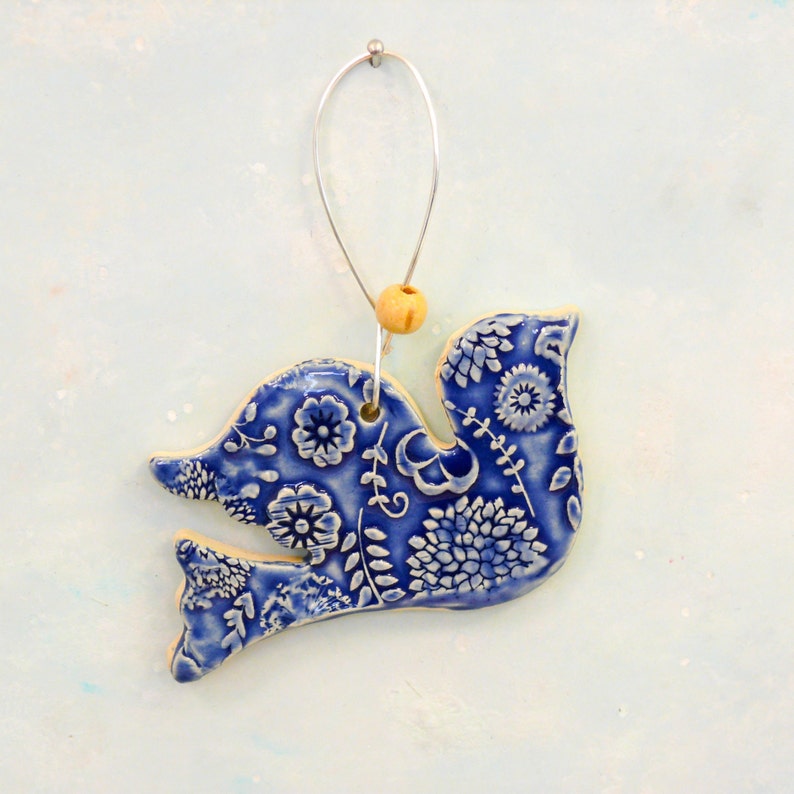 Ceramic Bird Ornament, handmade garden art, bird decoration, wall hanging bird with copper wire hook and blue bead image 3