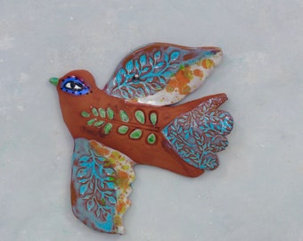 Wall Bird Sculpture, handmade ceramic wall hanging bird, ceramic art, pottery bird for home decor, nursery, gift for friend, colorful art