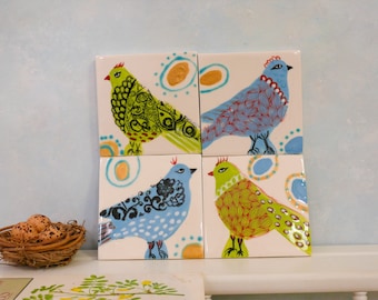 Ceramic bird tiles, handmade clay tile art, birds and eggs painted tile, wall art, small bird art, colorful Gift for mother, baby shower