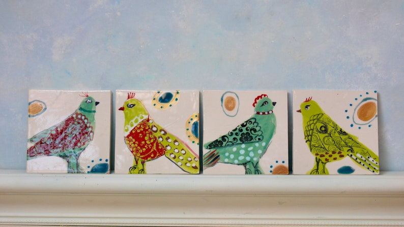 Ceramic bird tiles, handmade clay tile art, birds and eggs painted tile, wall art, small bird art, colorful Gift for mother, baby shower image 9