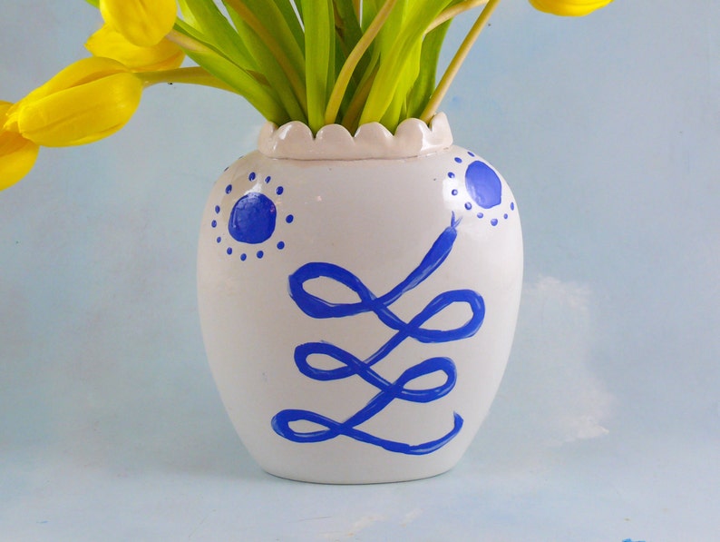 Ceramic Flower Vase, handmade blue and white pottery vase, snake spirit animal art, pot for flowers, centerpiece, minimal decor image 3