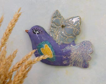 Pájaro de cerámica para colgar en la pared, decoración de pájaros caprichosa, arte de cerámica colorido hecho a mano para el hogar y el jardín.