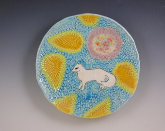 Ceramic Wall Plate, dreamy fox. Fox art ceramic platter wall hanging,  Platter, handmade textured ceramic wall hanging for home and garden