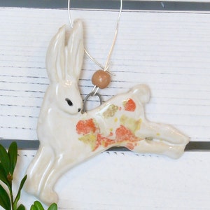 Rabbit Ornament with hanging wire. Ceramics Rabbit Ornament, hanging bunny Tree Decoration, whimsical handmade rabbit decoration, Hare art image 6