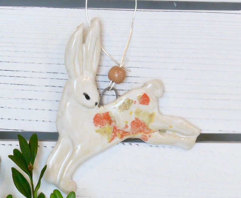 Rabbit Ornament with hanging wire. Ceramics Rabbit Ornament, hanging bunny Tree Decoration, whimsical handmade rabbit decoration, Hare art image 6