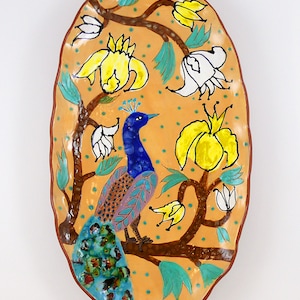 Ceramic Wall Hanging Platter, Ceramic Wall Plate,  Ceramic Wall Tile, Ceramic Wall Bird Platter, Peacock and Flowers Ceramic Wall Art