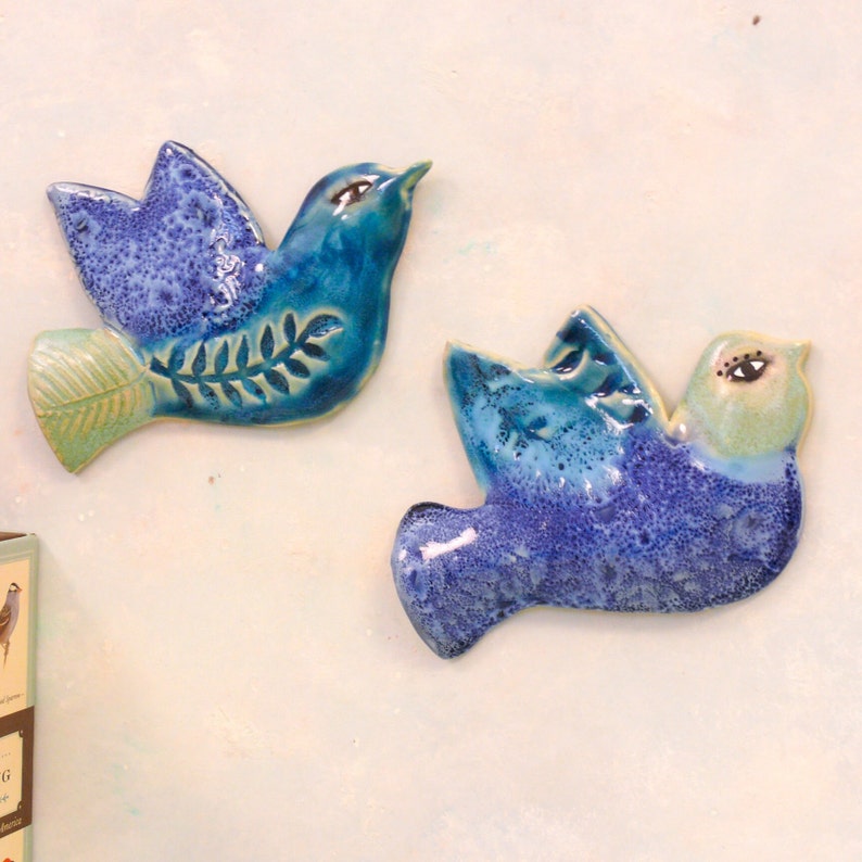 Two ceramic wall hanging birds, handmade wall birds. Love birds, gift for girlfriend, wife, wedding Bluebird of Happiness, blue bird tiles, image 1