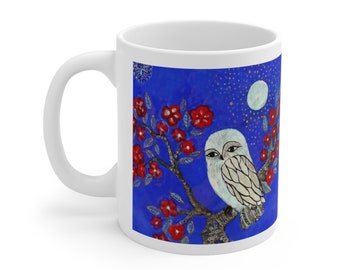 Ceramic Mug, owls and cherry blossoms and full moon. My artwork printed on a beautiful functional ceramic mug. 11oz