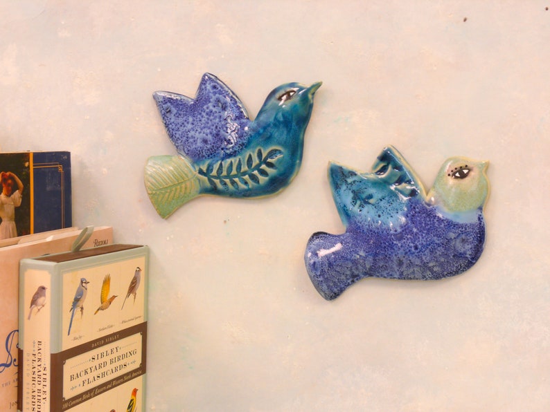 Two ceramic wall hanging birds, handmade wall birds. Love birds, gift for girlfriend, wife, wedding Bluebird of Happiness, blue bird tiles, image 9