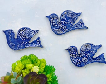 3 Ceramic Wall Hanging Birds, family of wall birds. Bluebird Wall bird decor, hanging ceramic art, bird tiles,