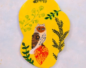 Whimsical Owl and Flowers Ceramic wall hanging art plaque, handcrafted colorful ceramic woodland tile, colorful folk art style home decor.