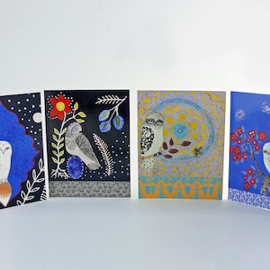 Lot de 4 cartes pour lettres chouettes, avec enveloppes. Carte d'art hiboux magiques à partir d'une illustration originale, cartes de correspondance hiboux, pliée - Papier glacé premium