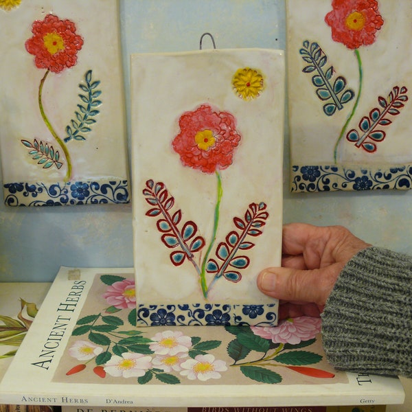 Handcrafted Ceramic Flower Tile Wall Art, handmade flower tile, flower wall art, home decor, garden art flower, gift for wife, girlfriend