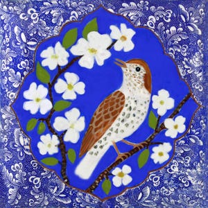 May include: A square painting featuring a bird perched on a branch with white flowers against a blue background. The bird has brown and white feathers. The painting is set within a blue decorative frame, surrounded by a blue and white floral pattern.