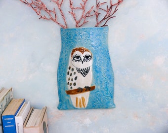 Ceramic wall pocket vase, whimsical owl ceramic vase for flowers, colorful fun woodland art for home decor  made by Cathy Kiffney