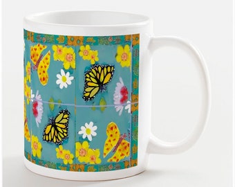 Butterflies and flowers ceramic mug, colorful coffee mug, tea mug with handles, gift for mom, grandmother, girlfriend