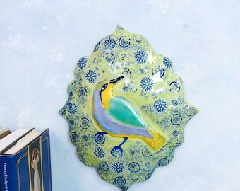 Colorful handmade ceramic cameo bird wall hanging  ceramic wall art tile. bird and nature lover gift, studio crafted ceramic art for home